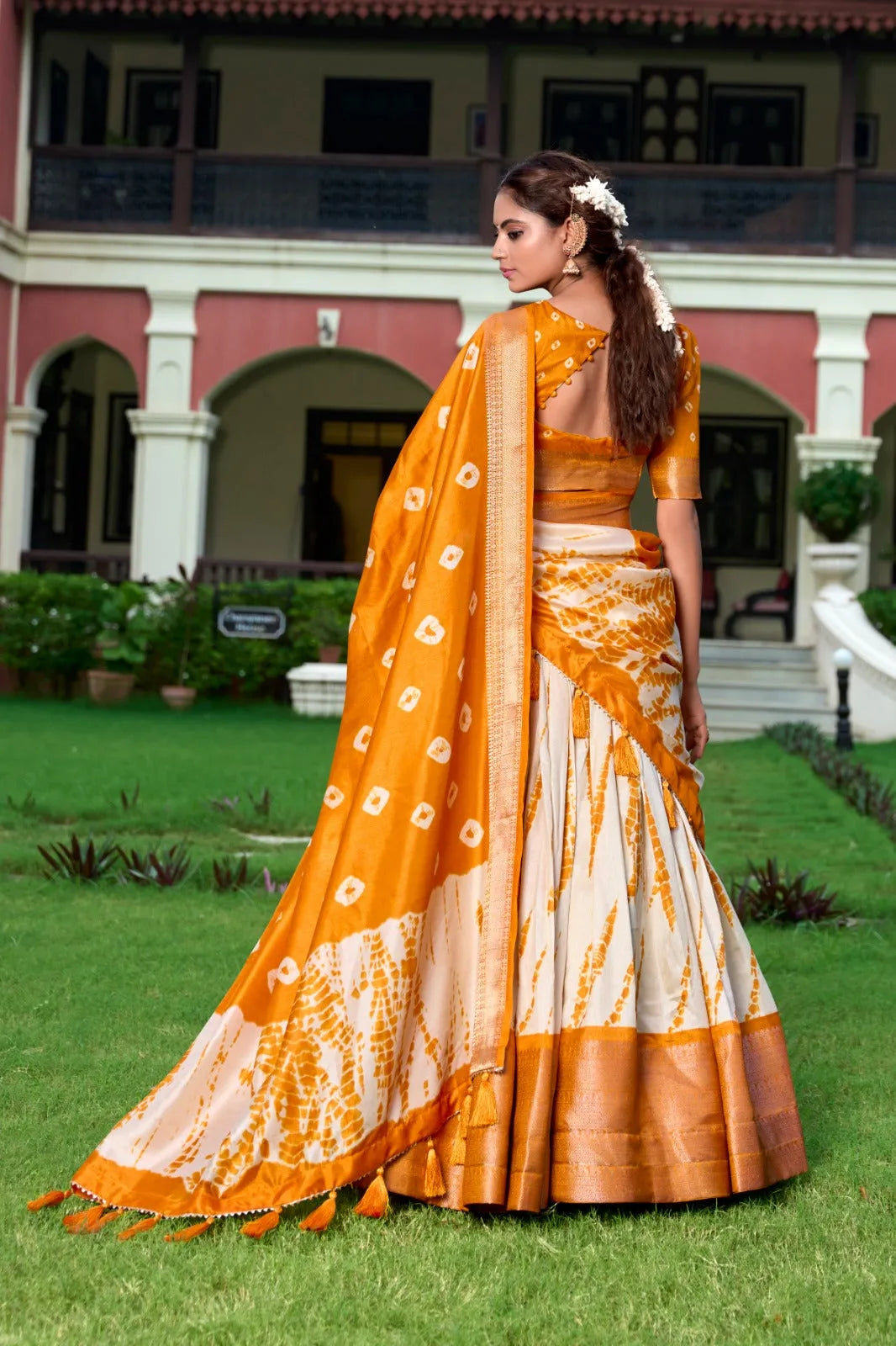 Mesmeric Dola Silk Shibori Printed Mustard lehenga Choli Free Shipping High Quality