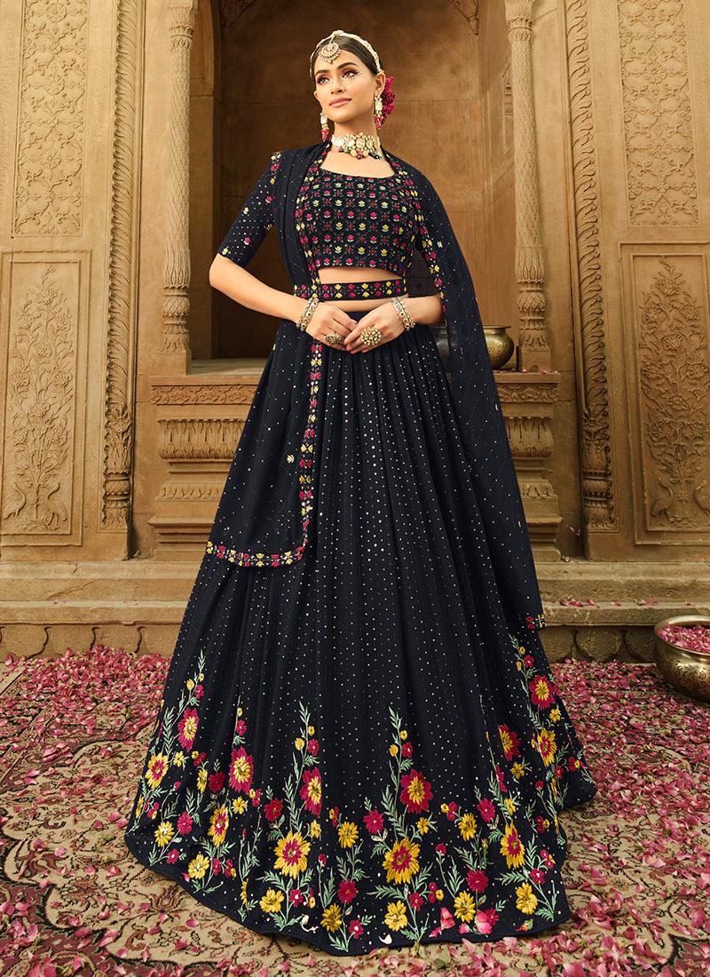 Navy Blue Embroidered Floral Lehenga Cheap Sale Shop