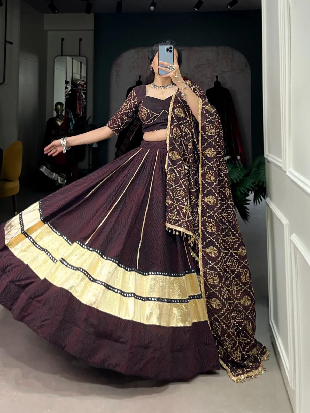 Navratri Wear Georgette Bandhej Printed Lace Worked Lehenga Choli Set Cheap Sale 2025 Newest