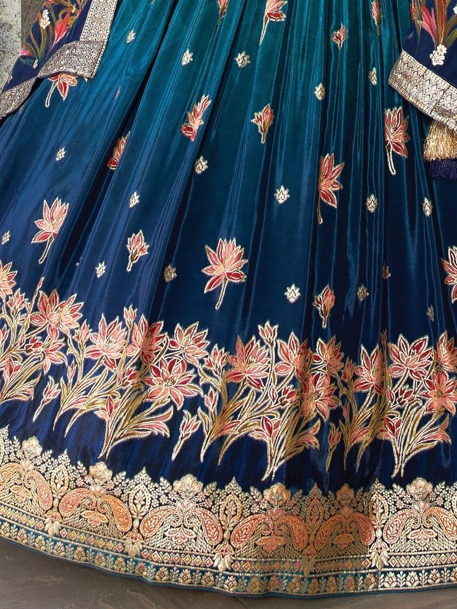 Outstanding Blue Zari Woven Silk Wedding Wear Lehenga Choli Set Clearance Store Cheap Online