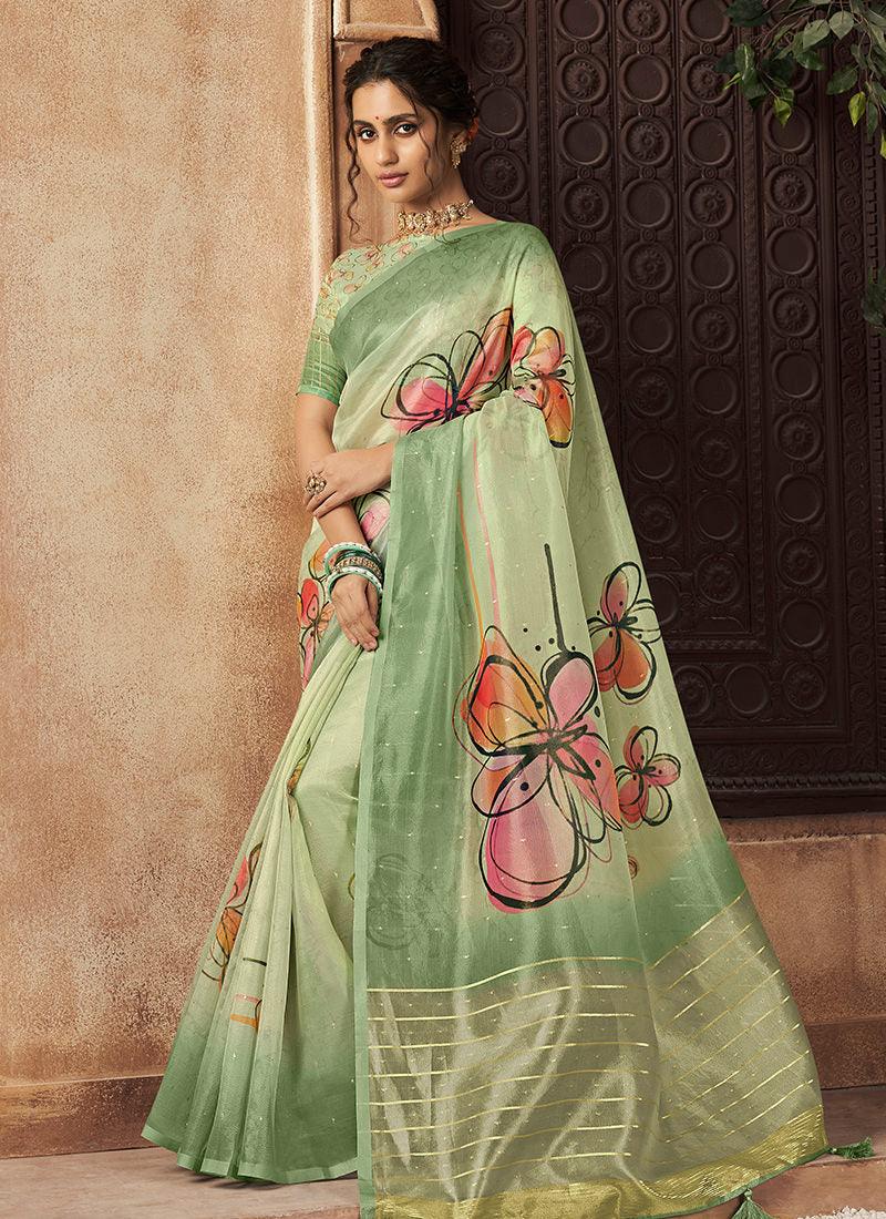 Organza Base Printed Light Green Floral Saree Cheap Sale Choice