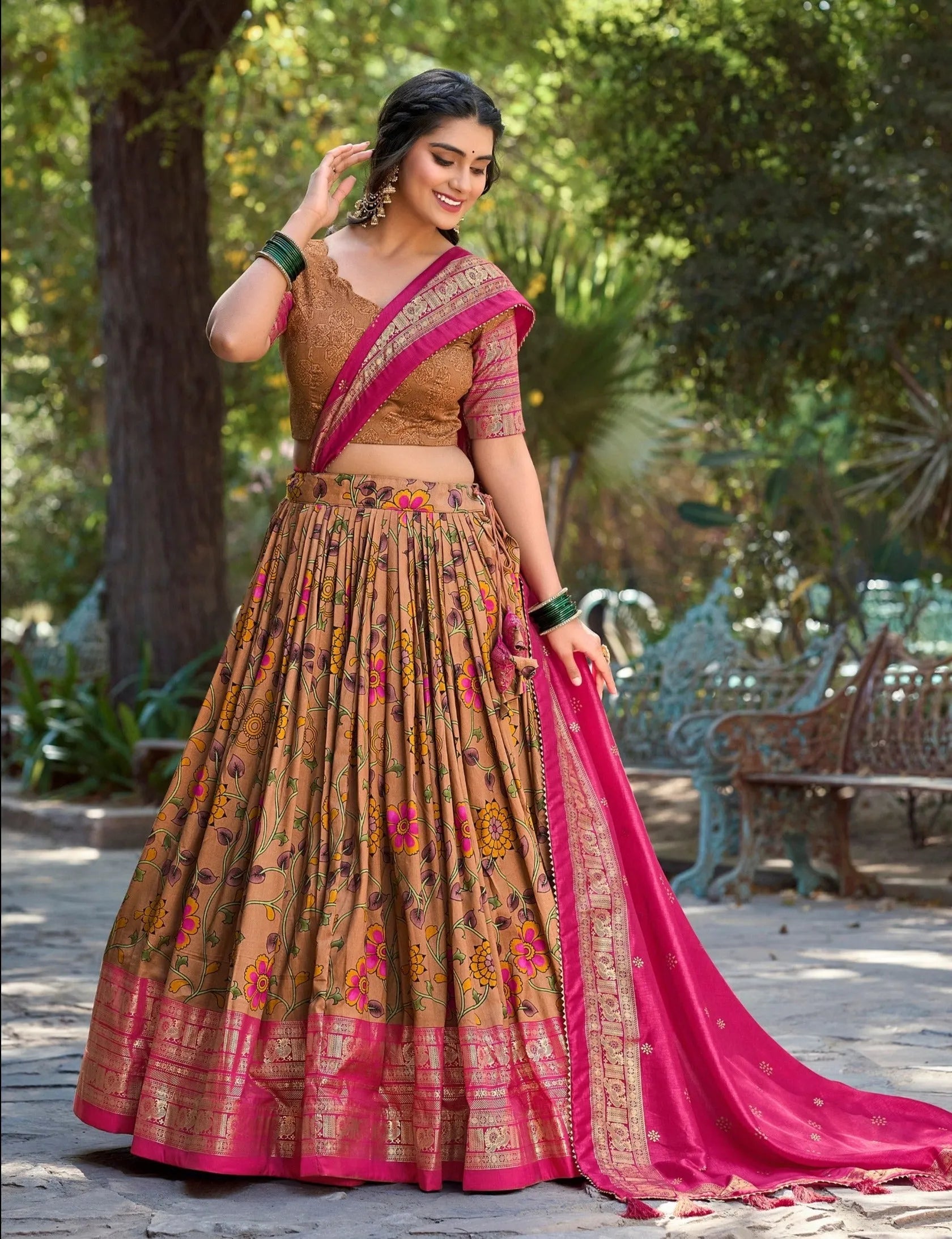 Marvelous Mustard Tussar Silk Kalamkari Printed Lehenga Choli Outlet Popular