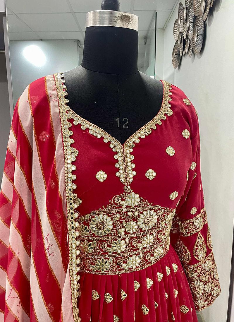 Red Color Georgette Base Sequins And Mirror Work Gown With Printed Dupatta Clearance Amazon