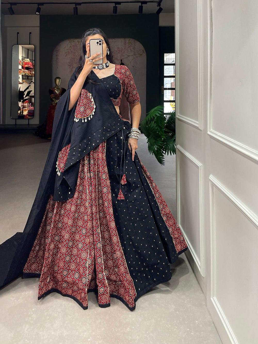 Maroon Black Printed Pure Cotton Mirror Lace Worked Navratri Lehenga Set Recommend Cheap Online