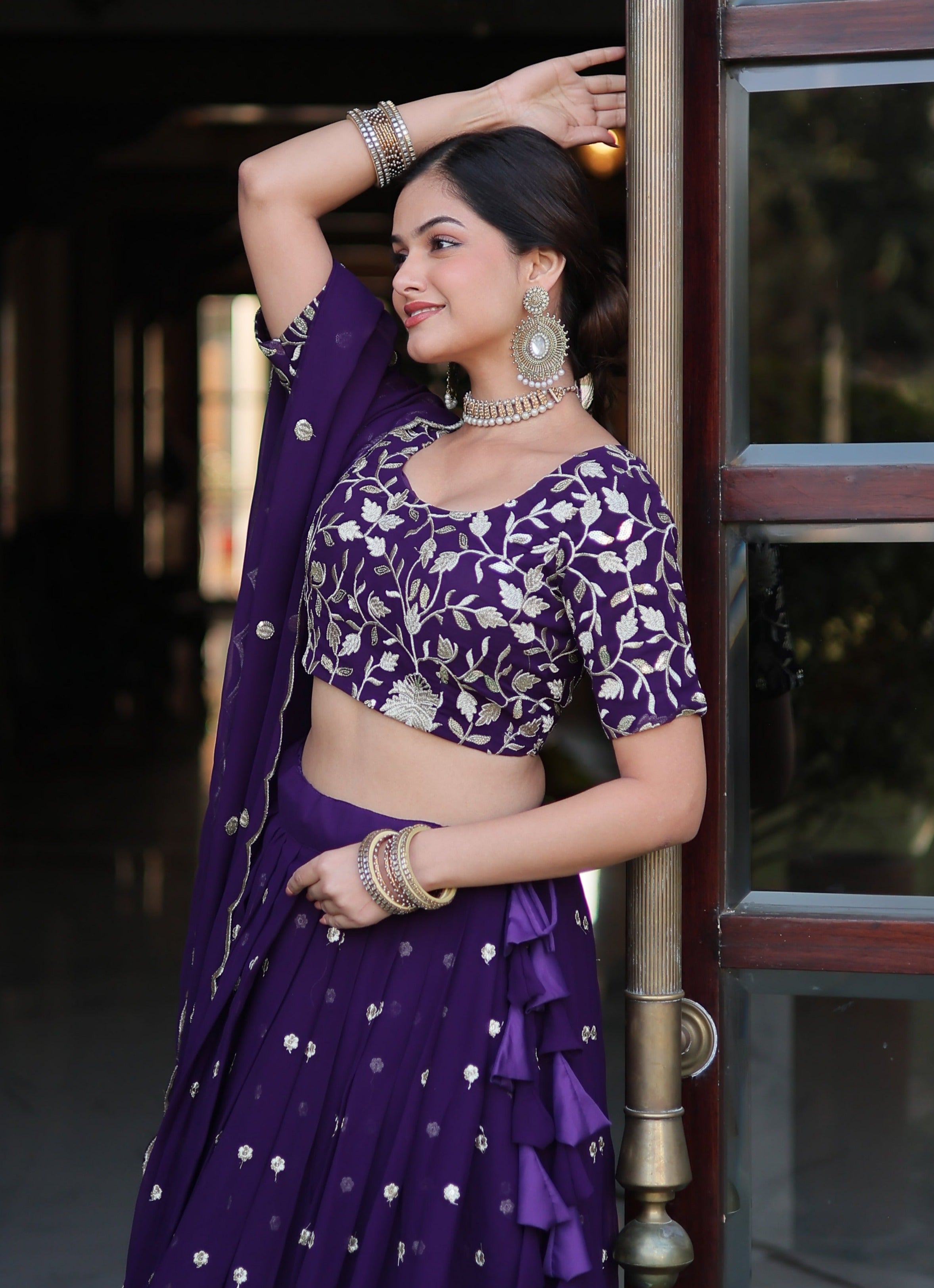 Purple Georgette Sequins and Embroidered work lehenga choli Supply Sale Online