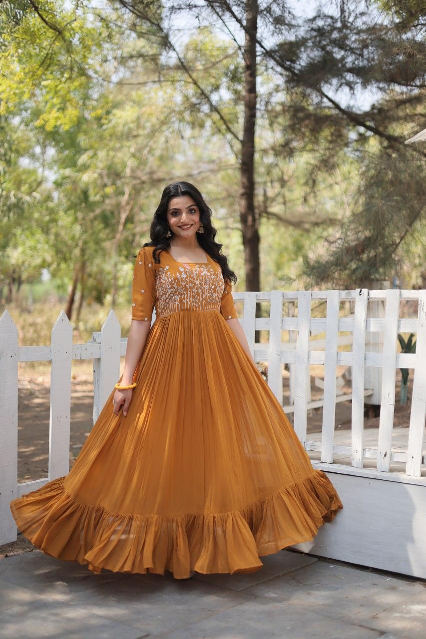 Mustard Yellow Anarkali Dress with Intricate Embroidery Buy Online