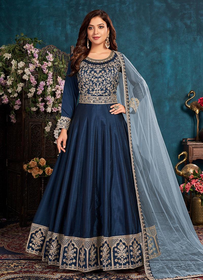 Navy Blue Color Art Silk Fabric Dori Work Gown With Net Dupatta Outlet Get To Buy