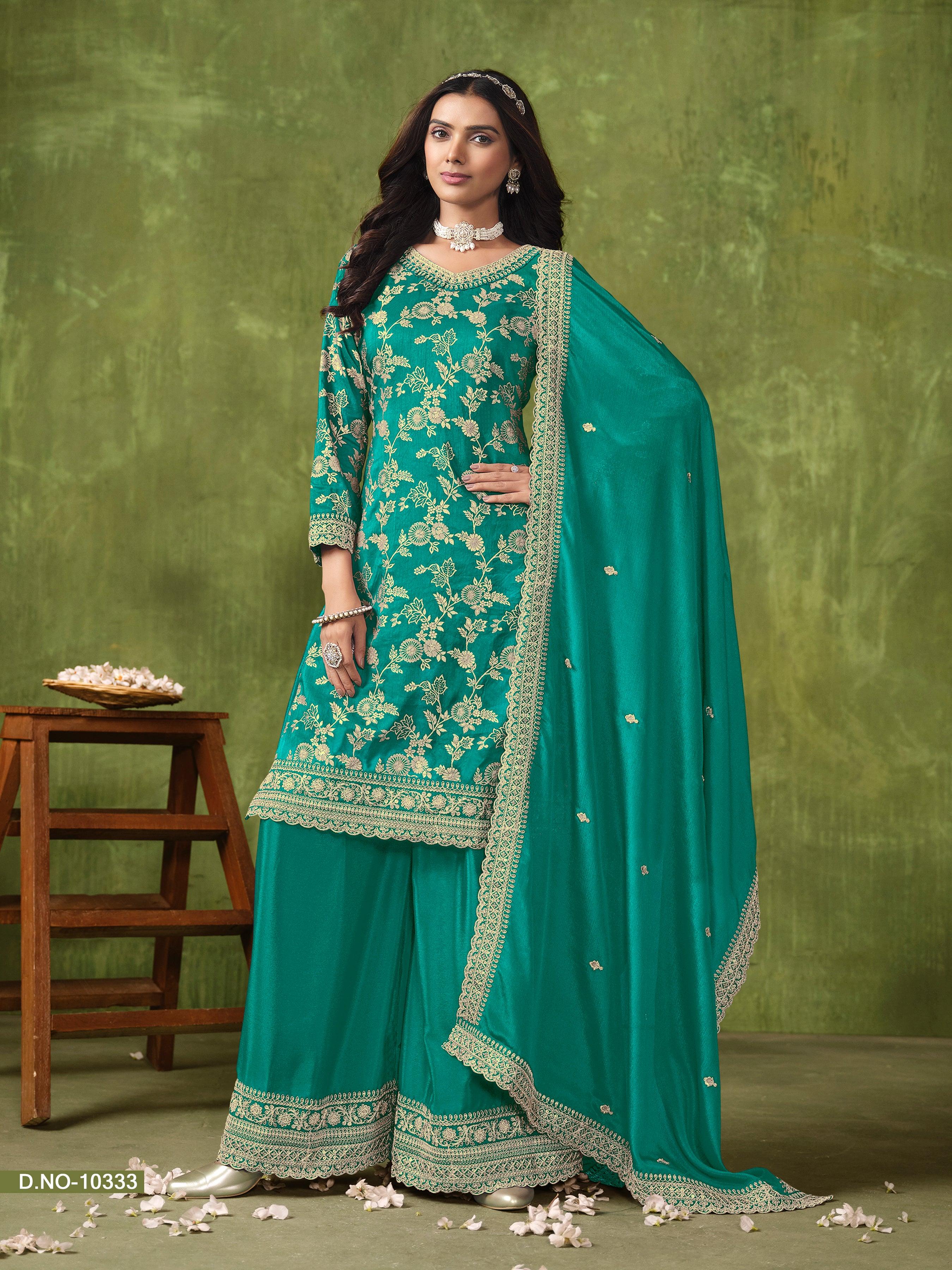 Teal Green Dola Silk Jacquard Festive Wear Palazzo Suit Sale Free Shipping