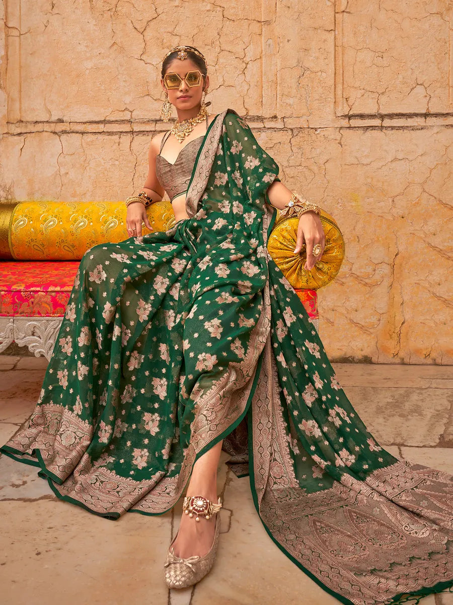 Graceful Green Georgette Saree with Weaving Butta Border Free Shipping 2025 Unisex