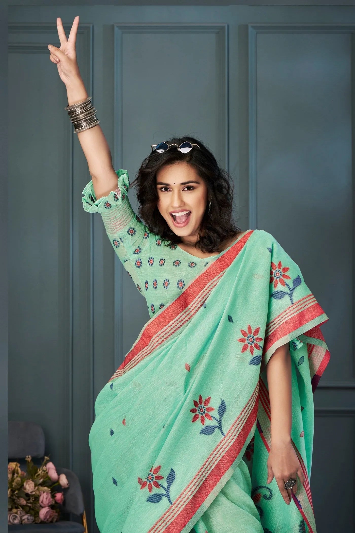 Vista Green Handloom Linen Saree Sast Cheap Pice