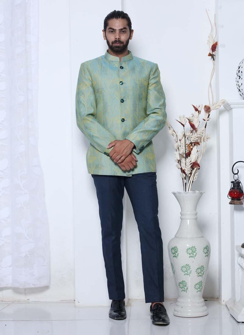 Light Green Color Printed Pattern Cotton Fabric Designer Jodhpuri Suit Cheap Fashion Style