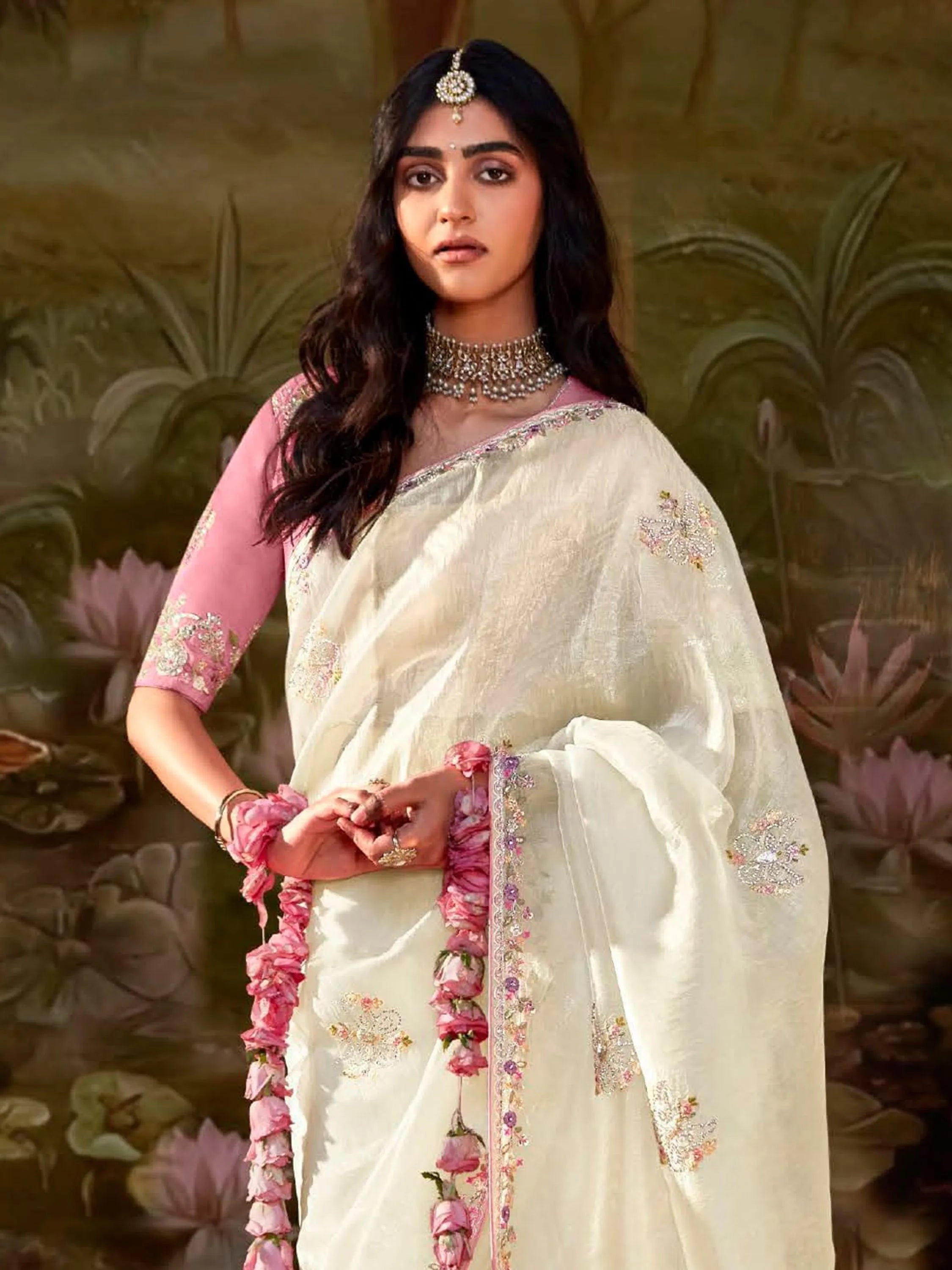 Cream Pure Organza Sequins Embroidered Designer Saree Outlet For Nice