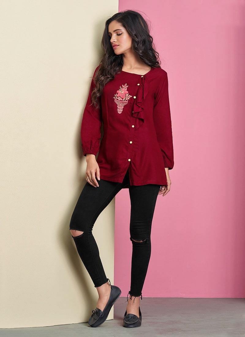 Maroon Color Cotton Base Full Sleeves Casual Wear Short Kurti Cheap Sale Marketable