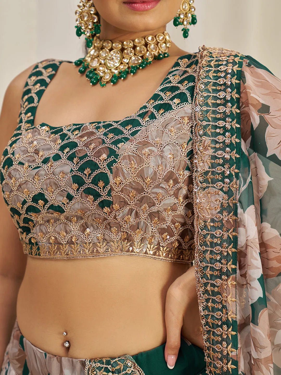 Dark Green Organza Zari Dori Sequins Floral Lehenga Choli Set Sale Top Quality