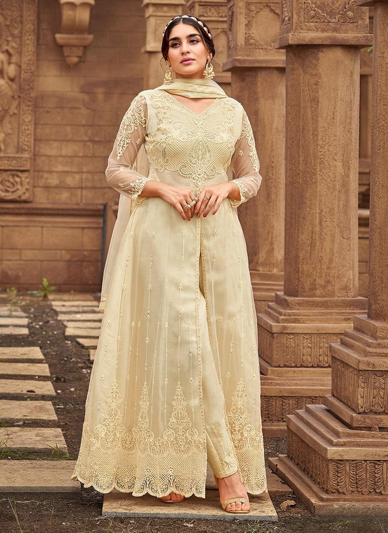 Cream Color Soft Net Base Slit-Cut Salwar Suit With Stone Work Clearance Affordable