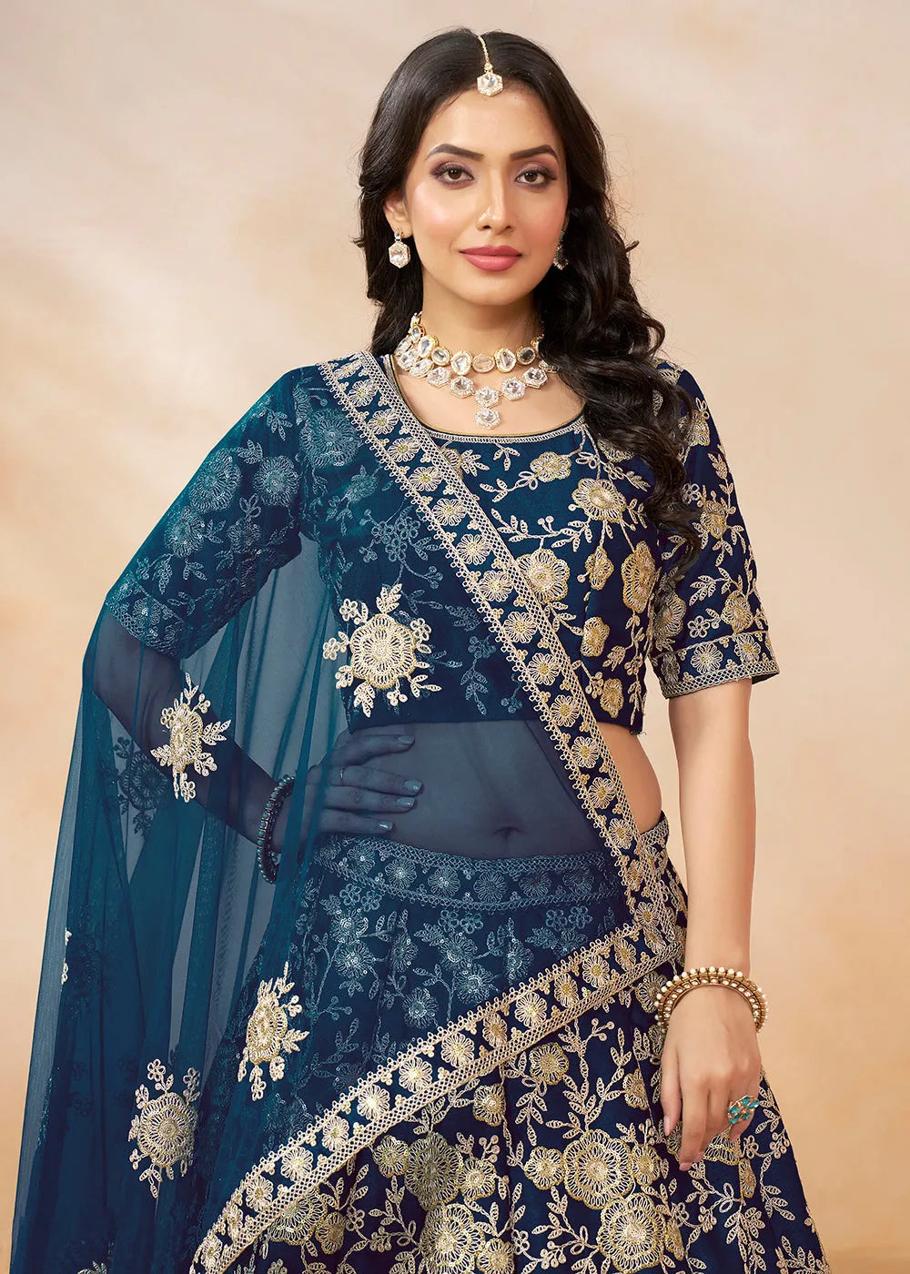 Elegant Designer Navy Blue Embroidered Art Silk Lehenga Choli View