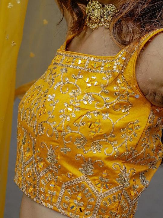 Yellow Silk Embroidered and Printed lehenga choli For Sale Online