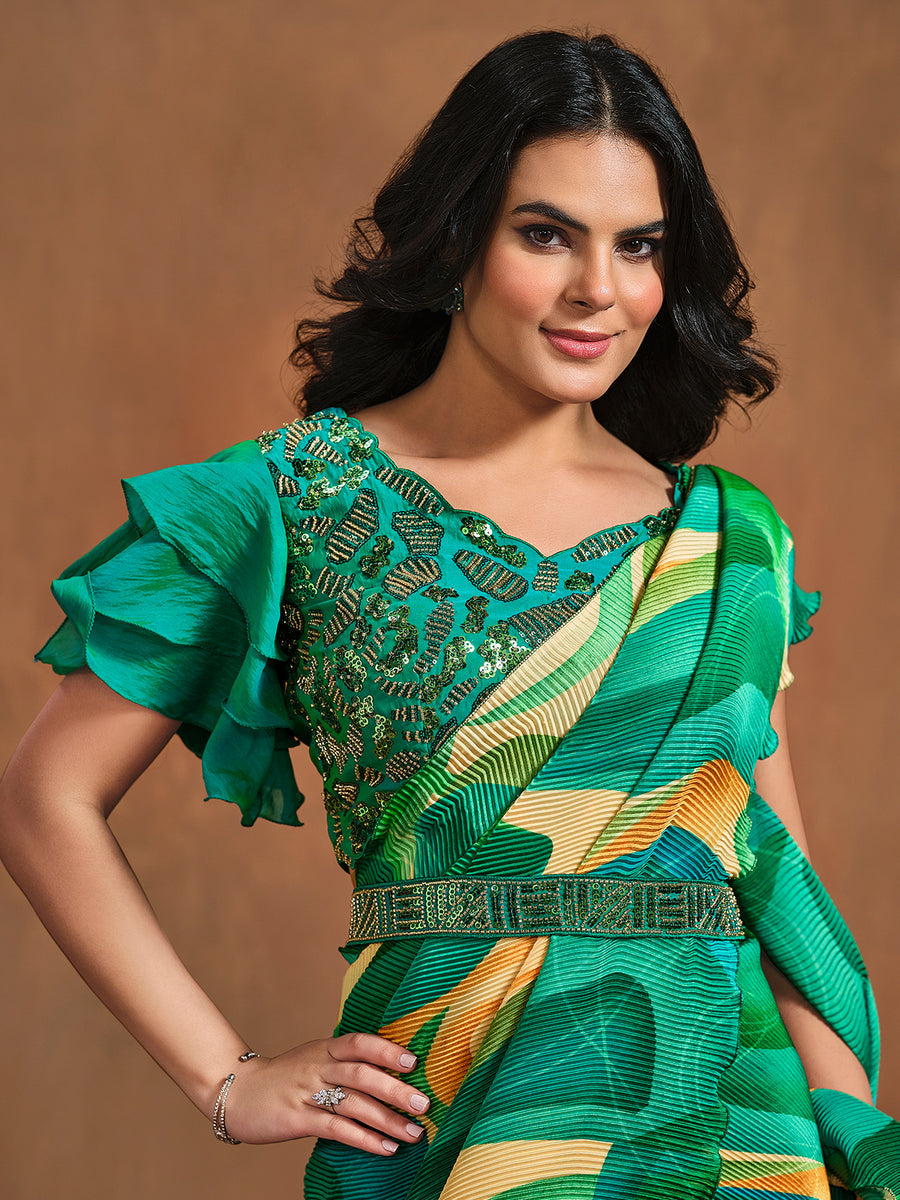 Radiant Green Satin Silk Digital Printed Ready To Wear Saree Free Shipping Popular