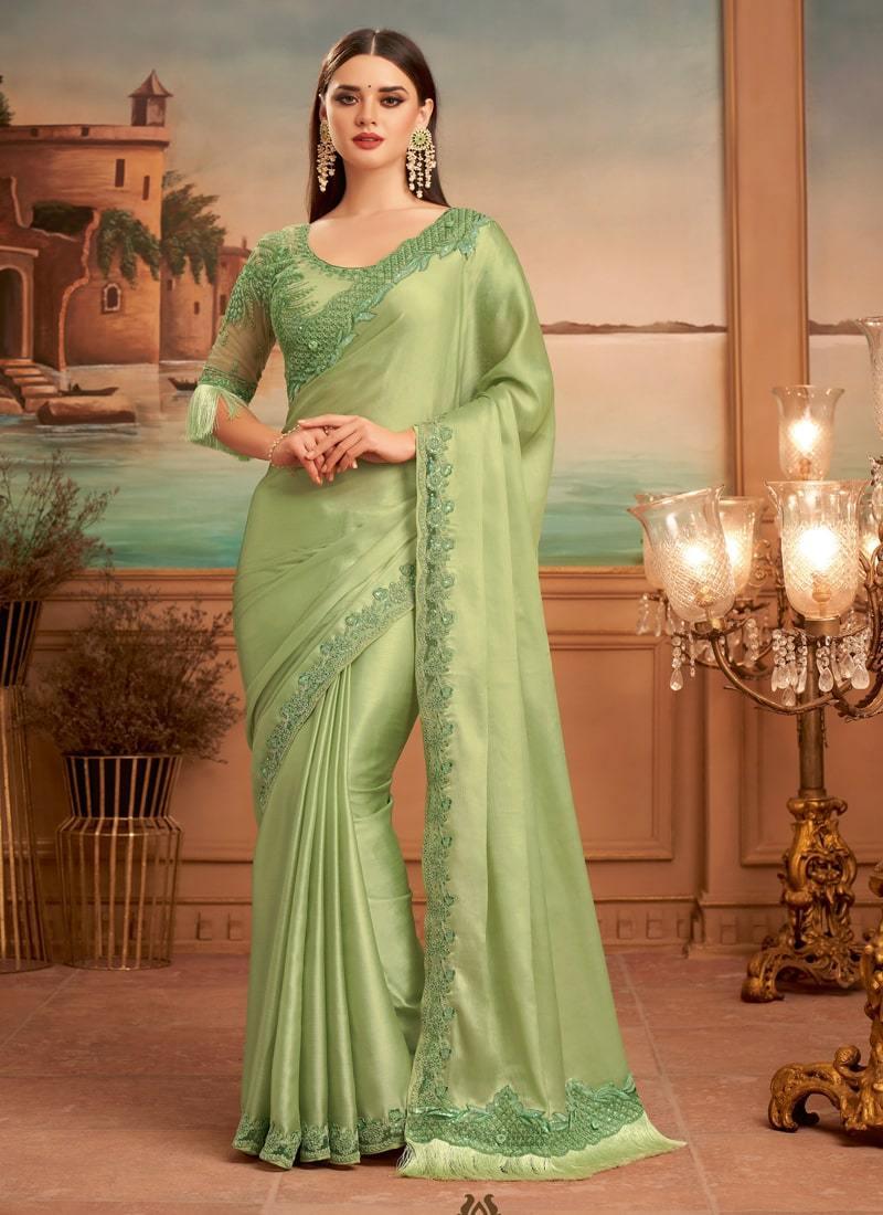 Sequins Work Light Green Color Saree With Resham Work Blouse Free Shipping Sast