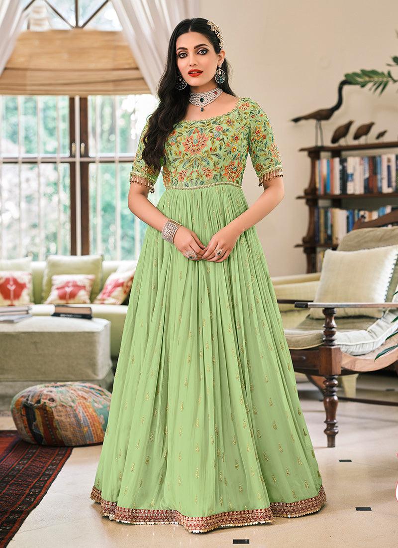 Light Green Color Georgette Fabric Gown With Sequins Work Cheap Sale Get Authentic