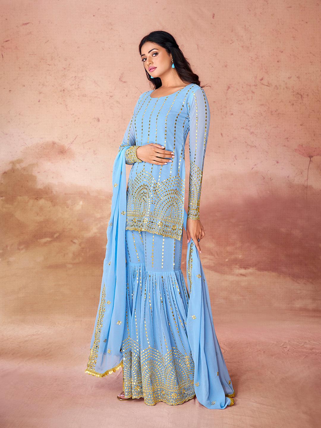 Sky Blue Embroidered Full Sleeve Sharara Suit With Credit Card