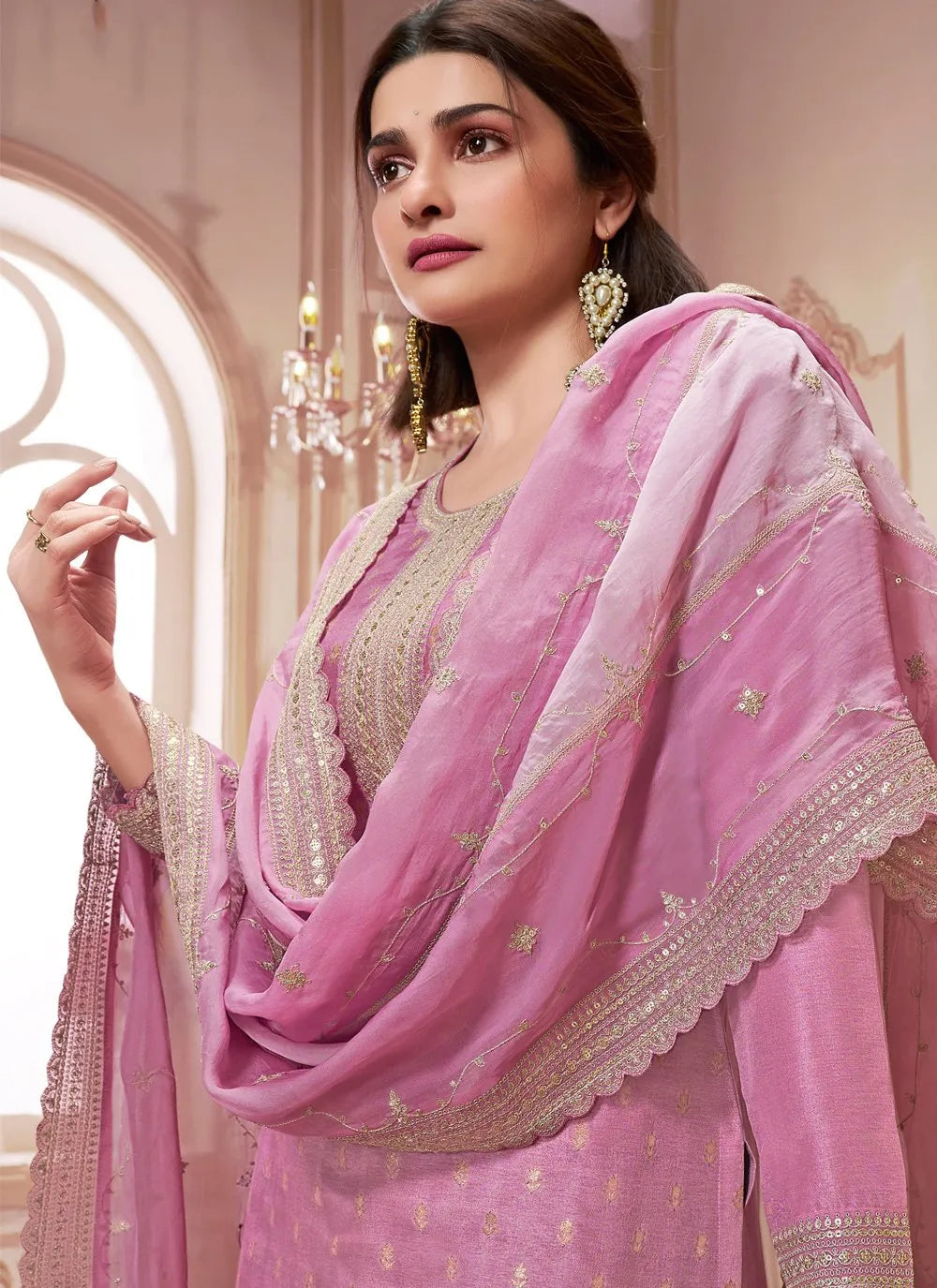 Lipstick Pink Dola Jacquard Sequins Embroidered Straight Suit New Online