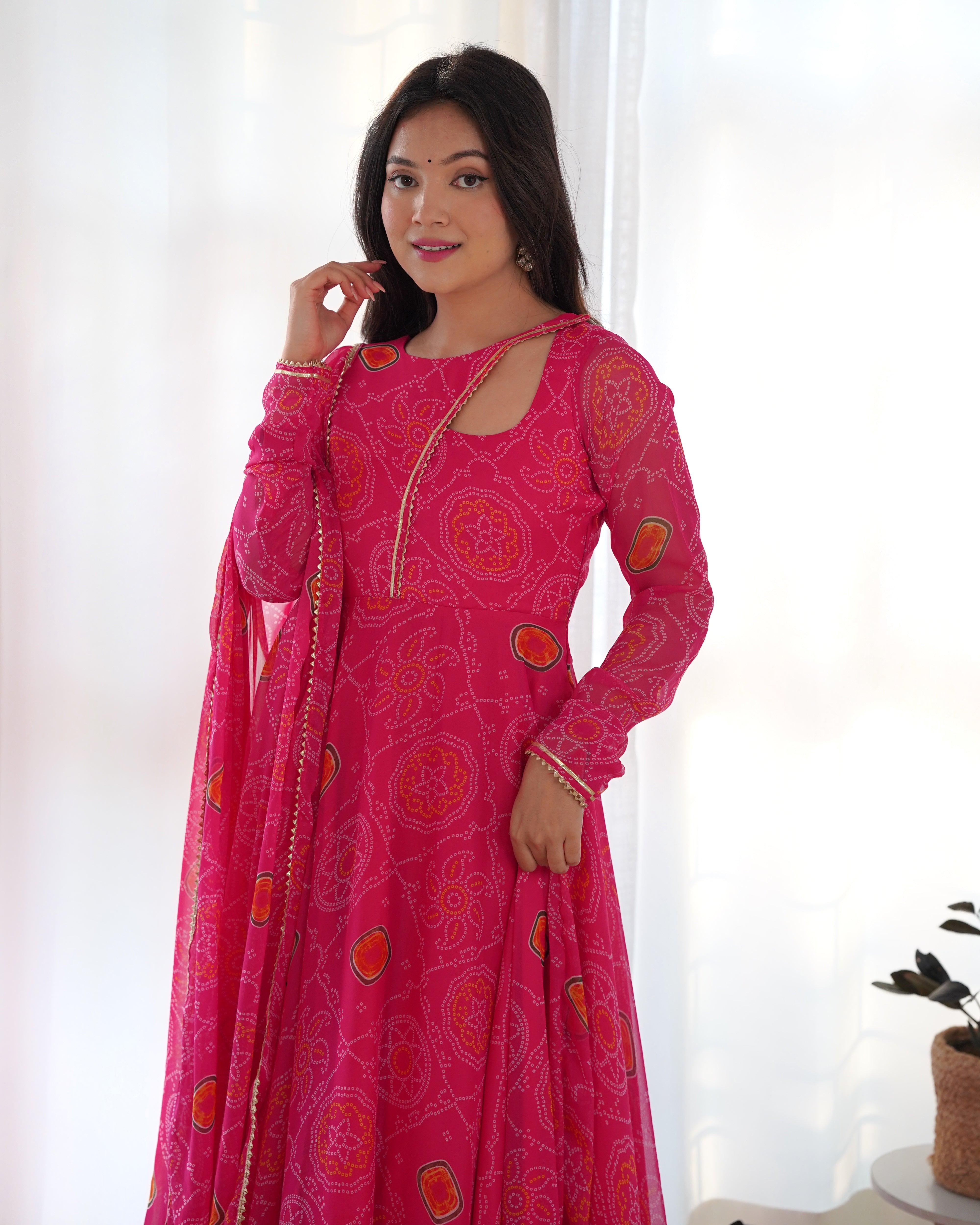 Pink Pure Chiffon Bandhej Printed Gown With Dupatta Buy Cheap Largest Supplier