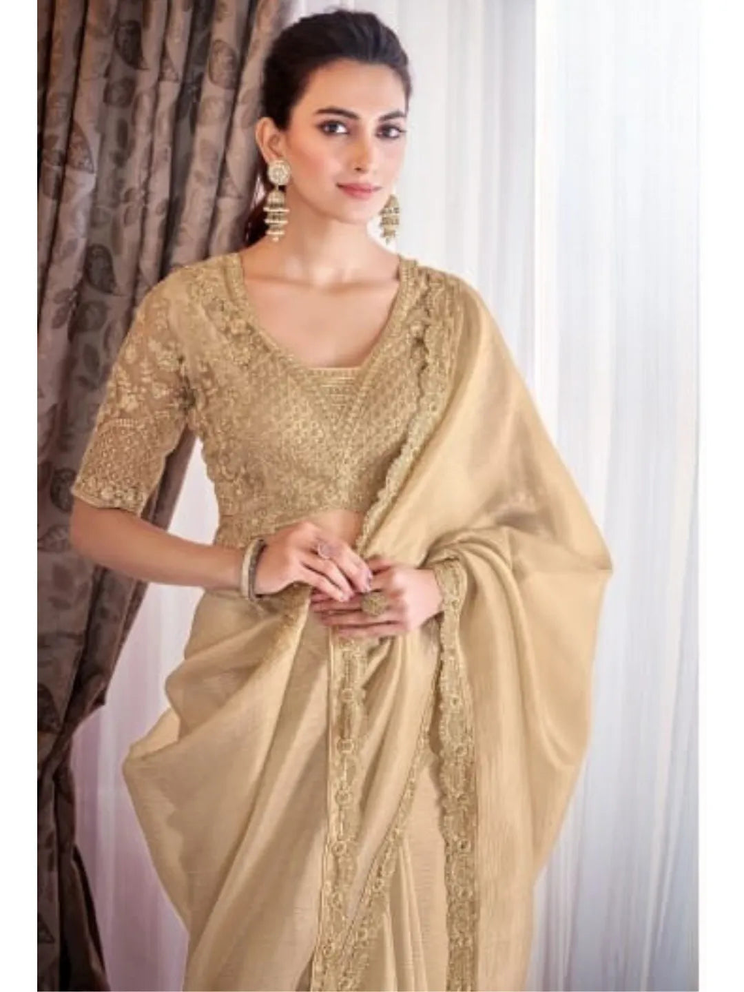 Glorious Golden Tissue Crush Embroidered Saree Outlet New