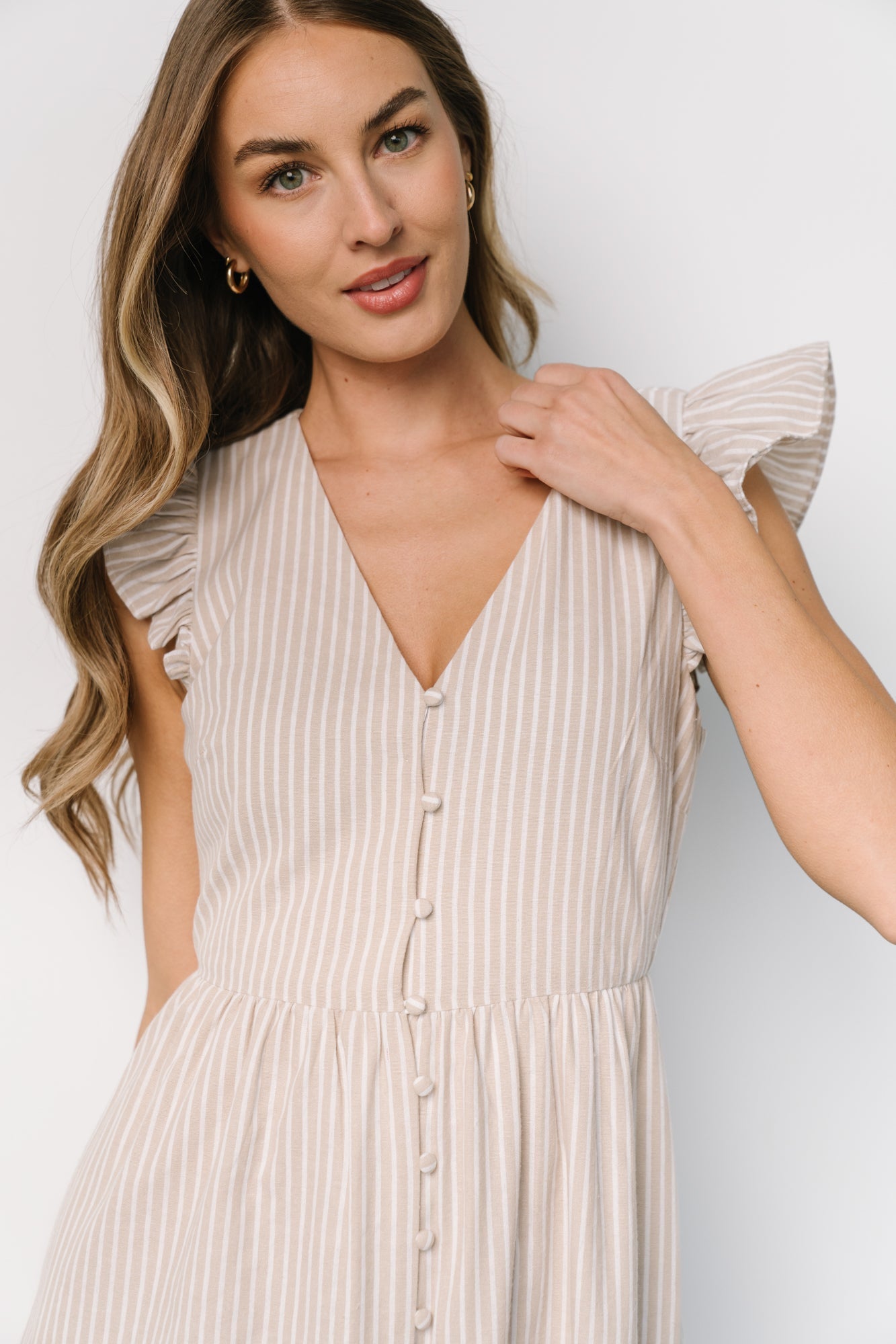 Hettie Button Maxi Dress | Beige Stripe Cheap Good Selling