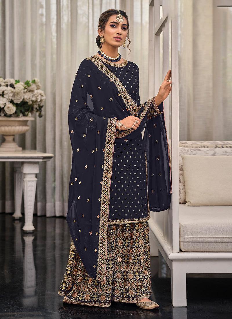 Georgette Base Boat Neck Navy Blue Palazzo Suit Discount Sale Online