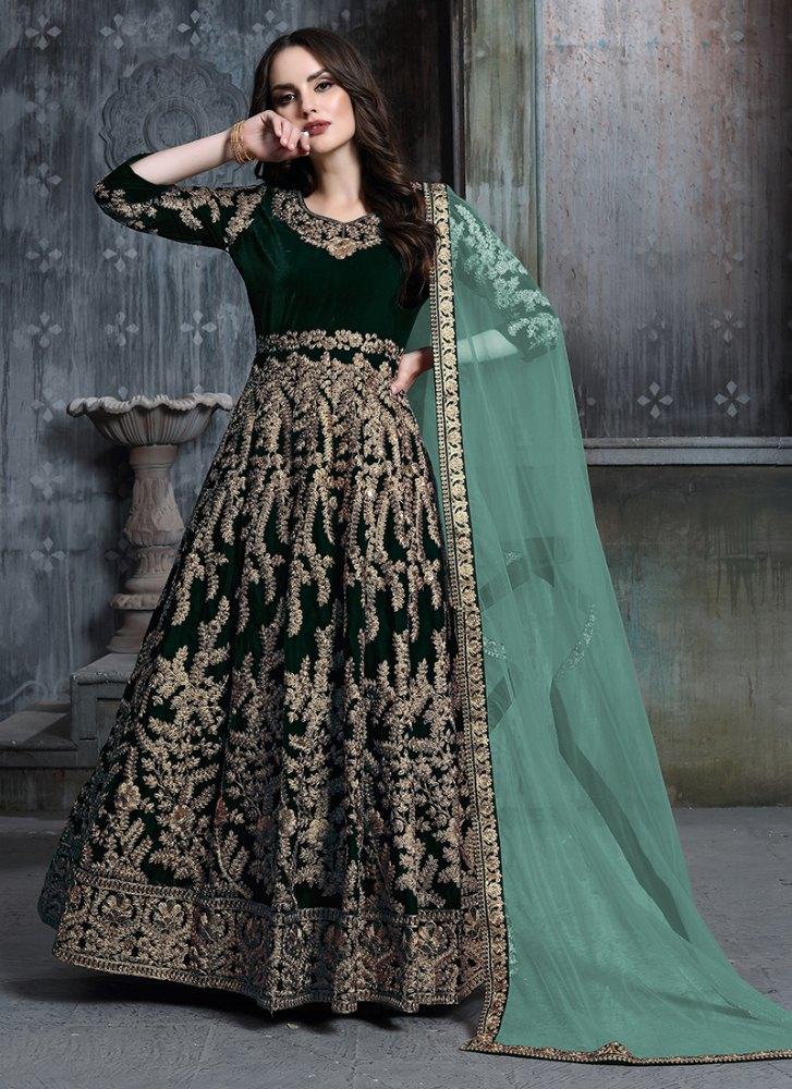 Velvet Dark Green Color Zari Work 3/4th Sleeves Gown For Cheap Pice