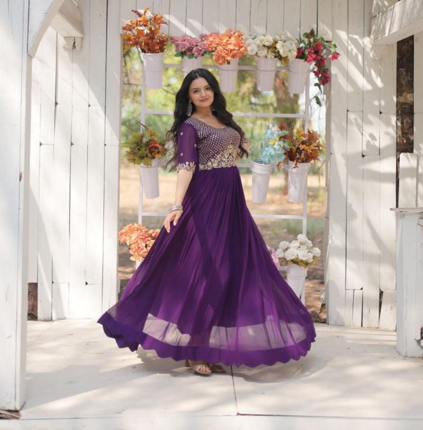 Royal Purple Embellished Gown with Elegant half Sleeves Clearance Footaction