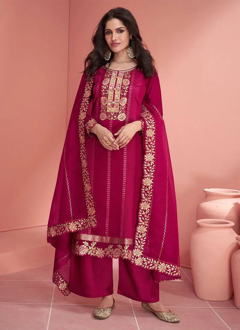 Enchanting Dark Pink Embroidered Vichitra Silk Palazzo Suit Shop For Cheap Online