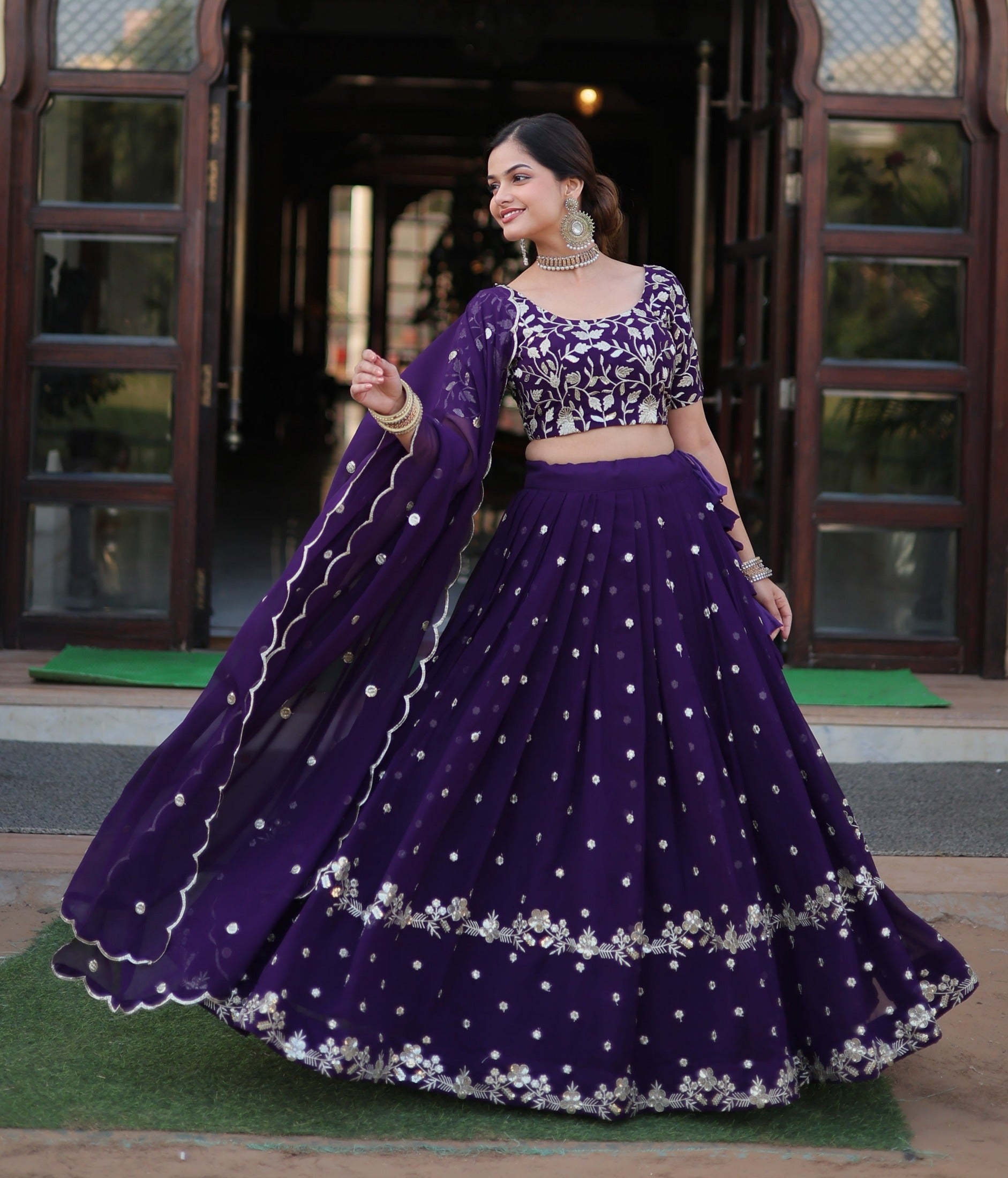 Purple Georgette Sequins and Embroidered work lehenga choli Supply Sale Online