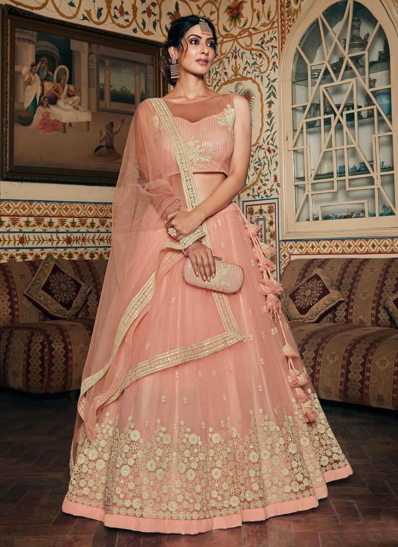 Fabulous Peach Color Soft Net Base Heavy Work Wedding Wear Lehenga Choli Largest Supplier Online