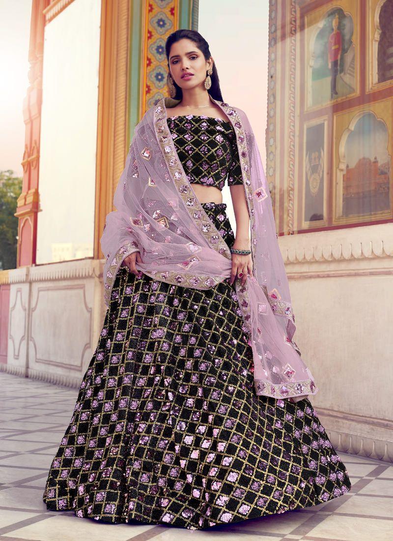 Glamorous Black Color Lehenga Choli With Lilac Purple Dupatta Set For Sale Online