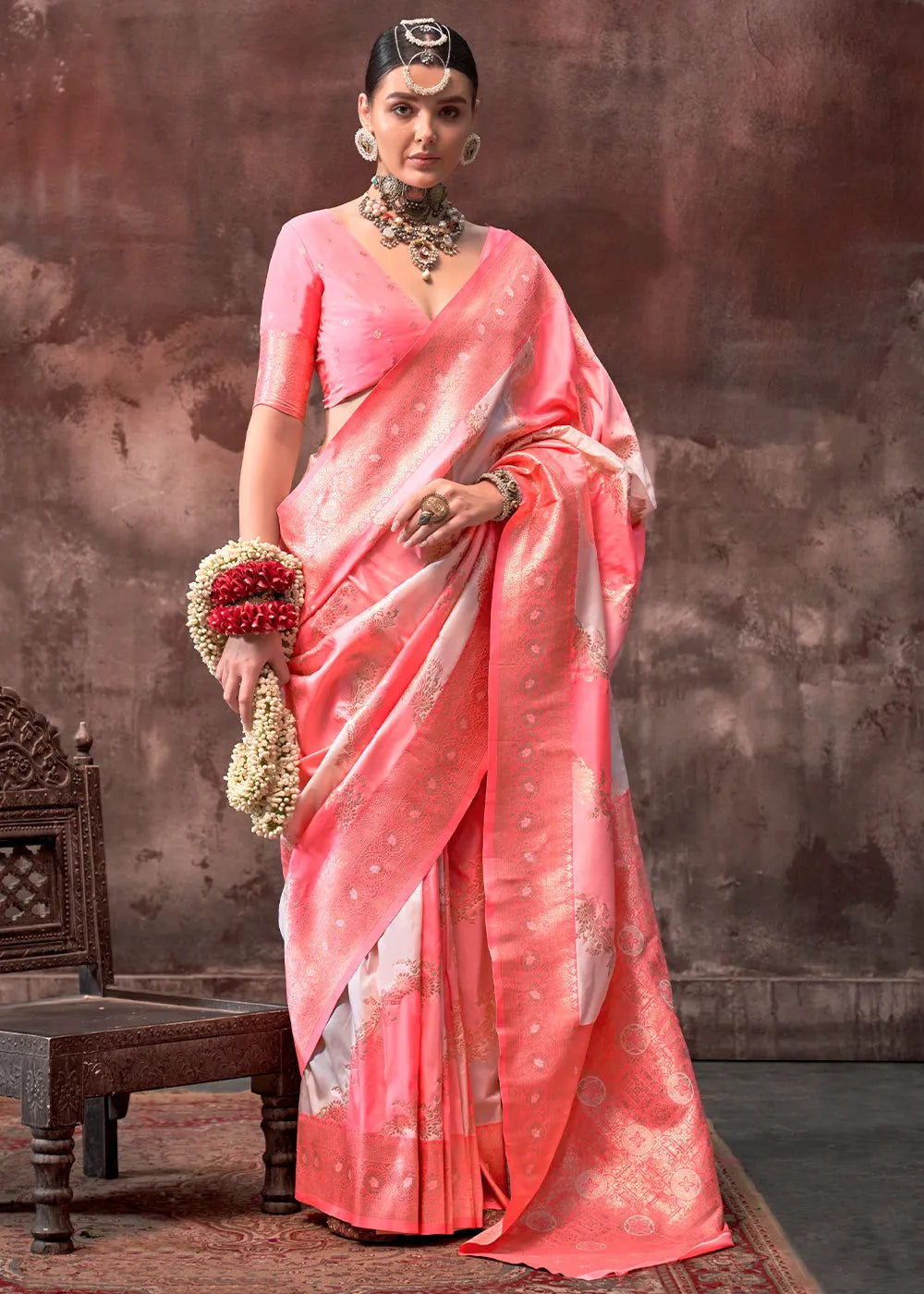 Vibrant Peach-Pink Rangkaat Handloom Silk Saree Cheap Online Store