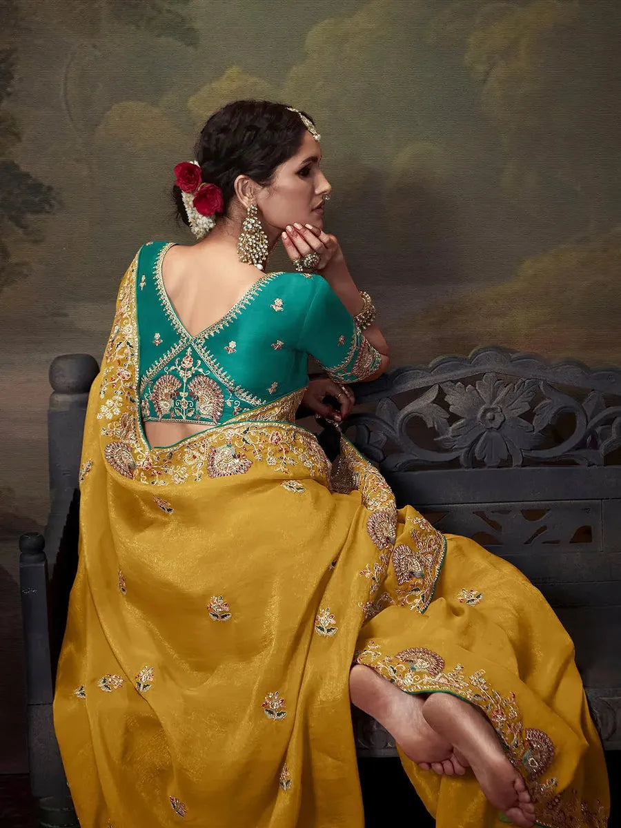 Elegant Mustard Yellow Embroidered Fancy Saree Store With Big Discount