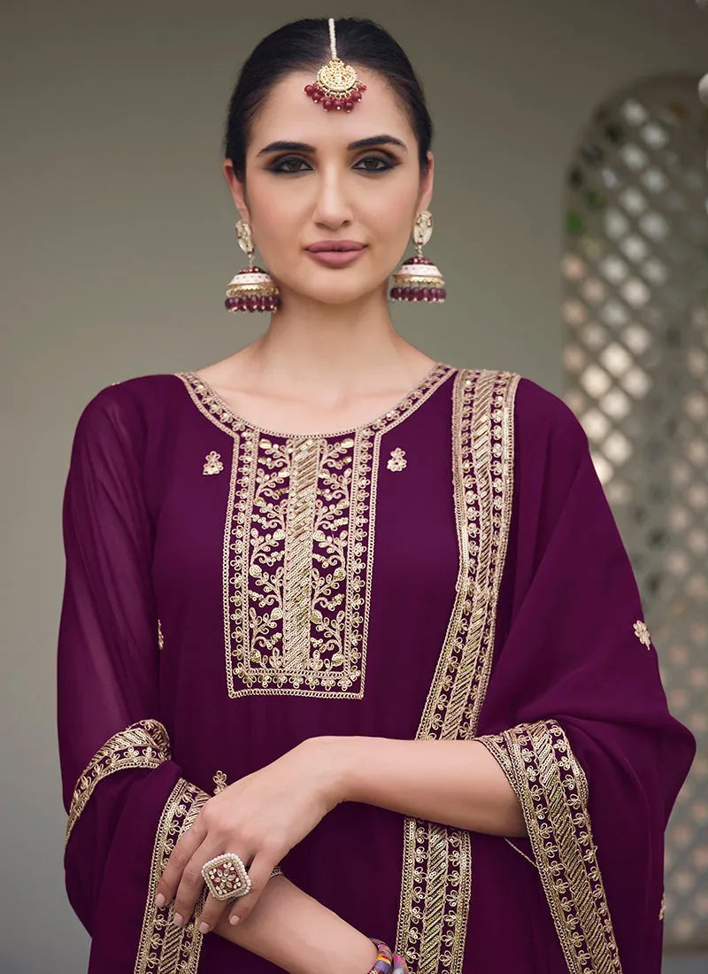 Marvelous Deep Wine Embroidered Georgette Palazzo Suit Cheap Sale Popular