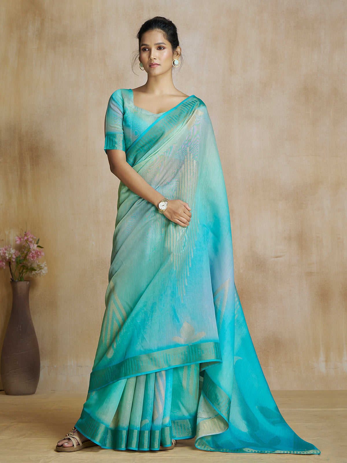 Flawless Fancy Aqua Blue Digital Printed Saree Free Shipping Good Selling