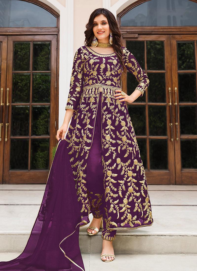 Slit Cut Heavy Embroidered Purple Suit Fashionable Online