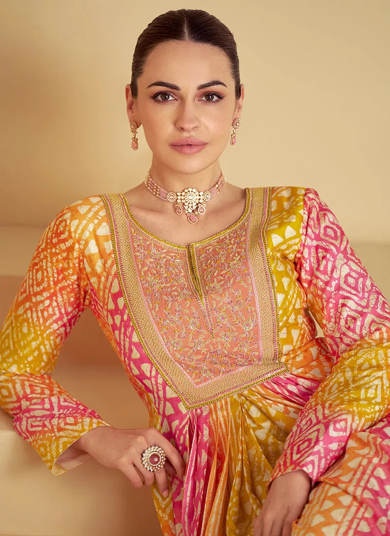 Radiant Yellow and Peach Multi Embroidered Anarkali Gown Top Quality Cheap Pice