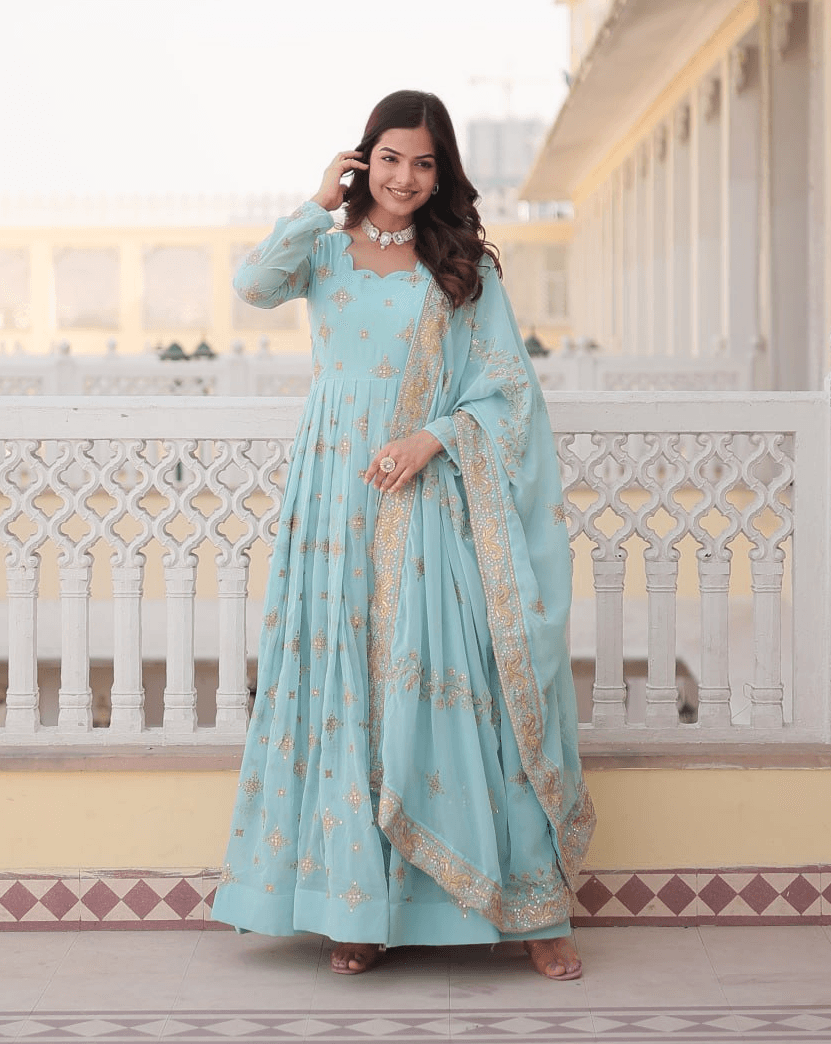 Sky Blue Georgette Gown with Dupatta Amazing Pice Cheap Online