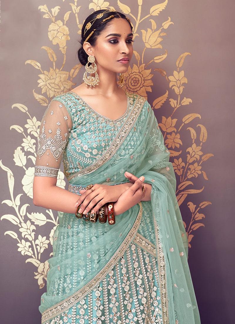 Heavy Zarkan And Mirror Work Dusty Sea Green Color Bridesmaid Lehenga Choli Buy Cheap Explore