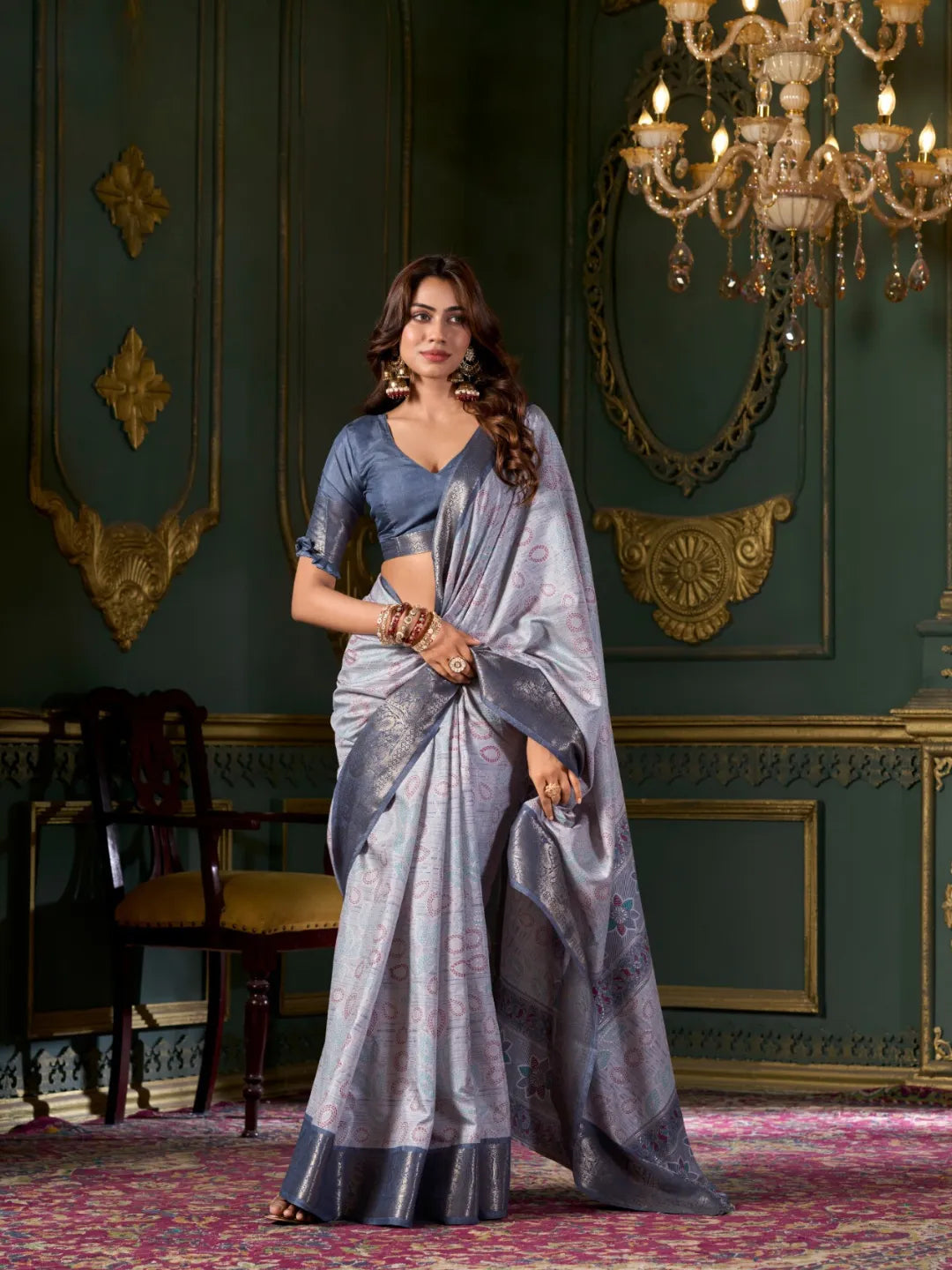 Graceful Dark Grey Soft Dola Silk Printed Saree Sale Browse