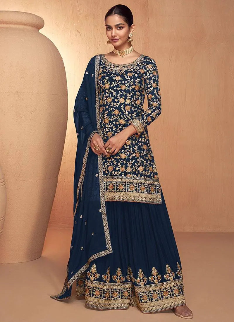 Breathtaking Navy Blue Chinon Embroidered Sharara Suit Outlet Brand New Unisex