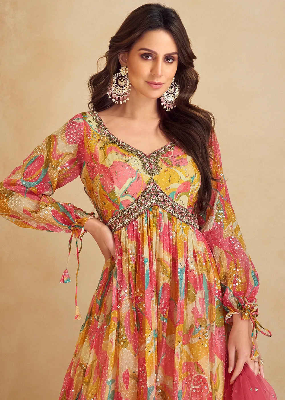 Multicolored Pure Chinon Printed Mirror Handworked Designer Gown Sale Clearance