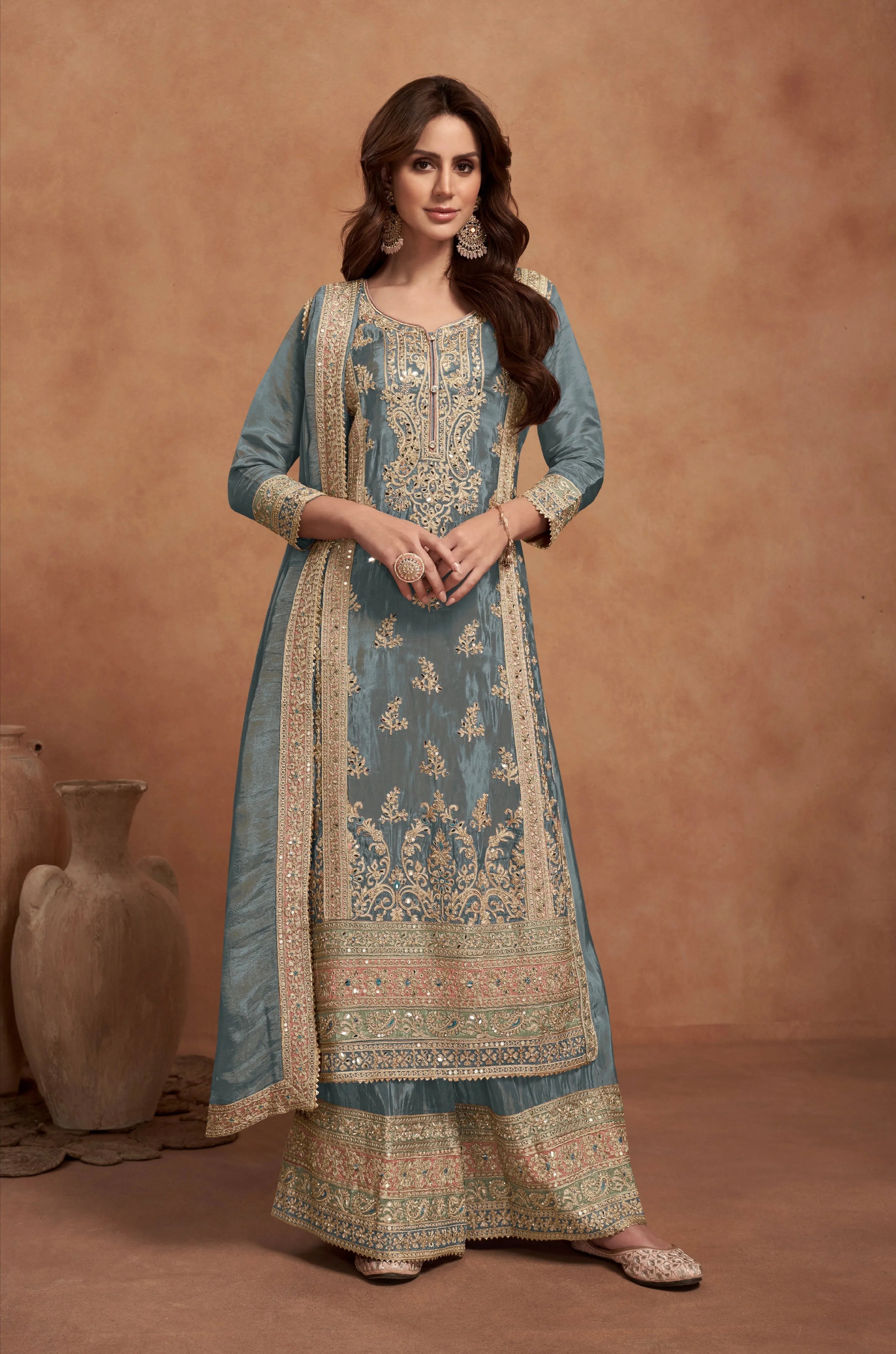 Slate Blue Simar Silk Palazzo Suit with Golden Embroidered Free Shipping Manchester Great Sale