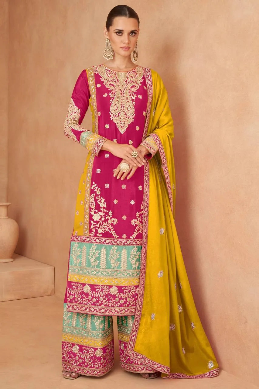 Vibrant Yellow and pink Chinon Embroidered Sharara Shuit Discount Release Dates