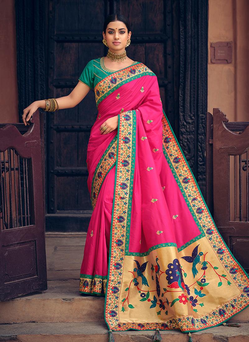 Alluring Look Deep Pink Color Zari And Lace Work Half And Half Saree Big Discount Cheap Pice